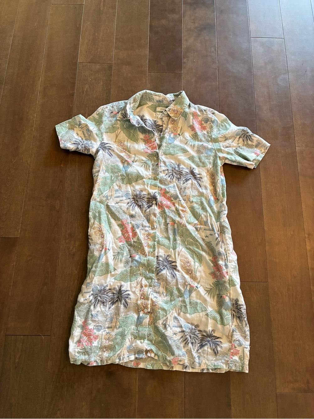 Linen Casual Tropical Print Short-Sleeve Shirt Dress